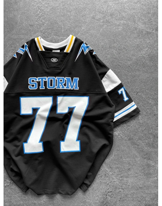 STORM 77 BASKI OVERSİZE V YAKA TİŞÖRT SİYAH