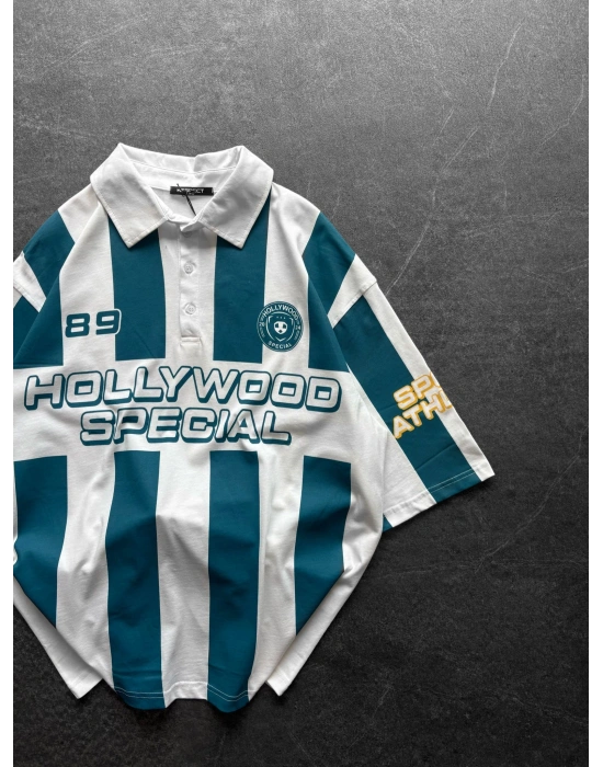 SPECİAL BASKI OVERSİZE POLO YAKA TİŞÖRT SU YEŞİLİ