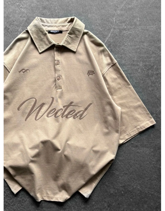 WECTED BASKI OVERSİZE POLO YAKA TİŞÖRT KREM