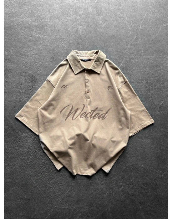 WECTED BASKI OVERSİZE POLO YAKA TİŞÖRT KREM