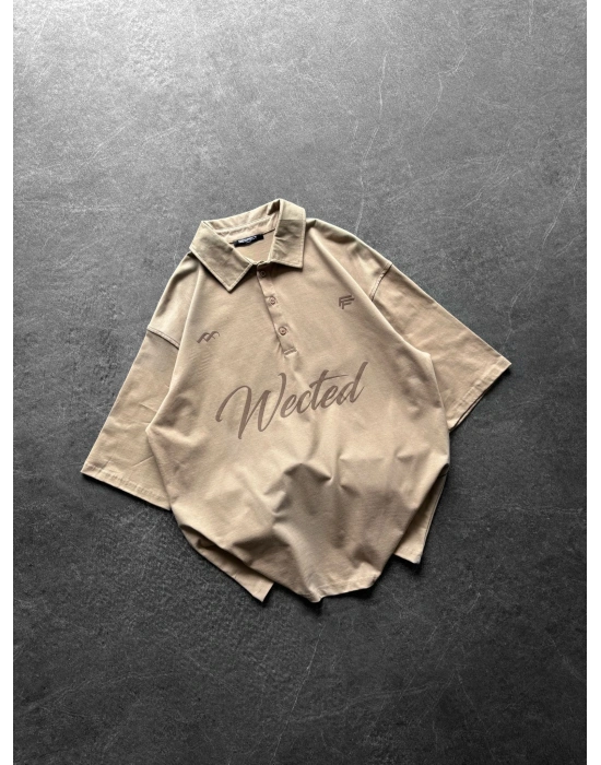 WECTED BASKI OVERSİZE POLO YAKA TİŞÖRT KREM