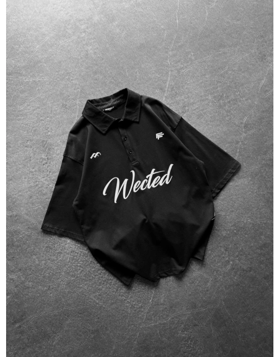 WECTED BASKI OVERSİZE POLO YAKA TİŞÖRT SİYAH
