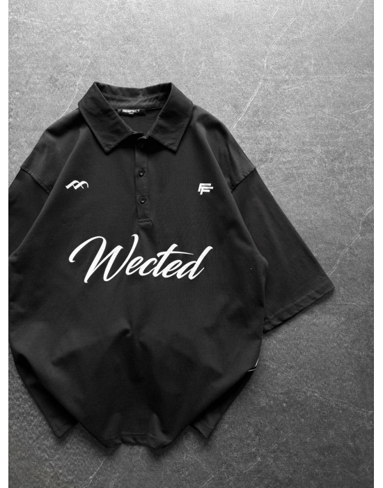 WECTED BASKI OVERSİZE POLO YAKA TİŞÖRT SİYAH