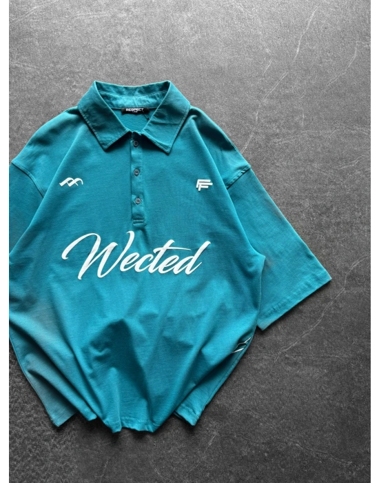 WECTED BASKI OVERSİZE POLO YAKA TİŞÖRT SU YEŞİLİ