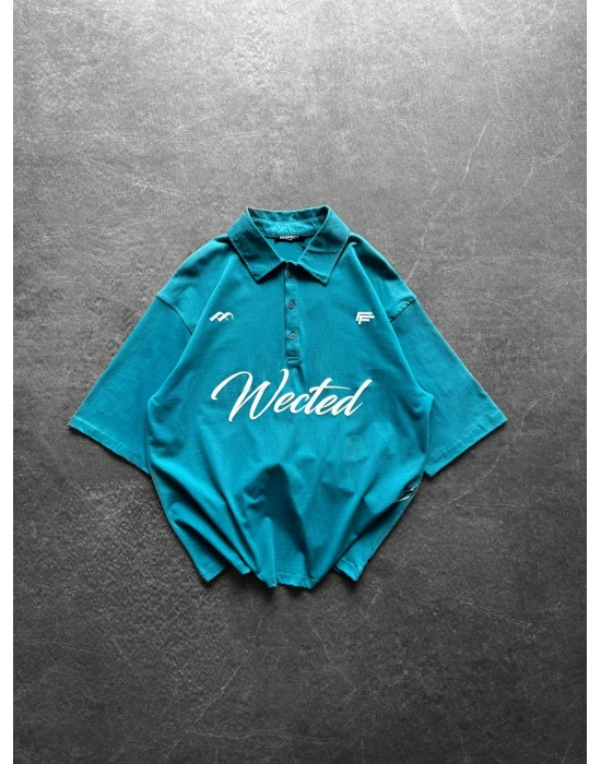 WECTED BASKI OVERSİZE POLO YAKA TİŞÖRT SU YEŞİLİ