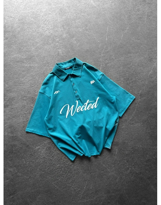 WECTED BASKI OVERSİZE POLO YAKA TİŞÖRT SU YEŞİLİ