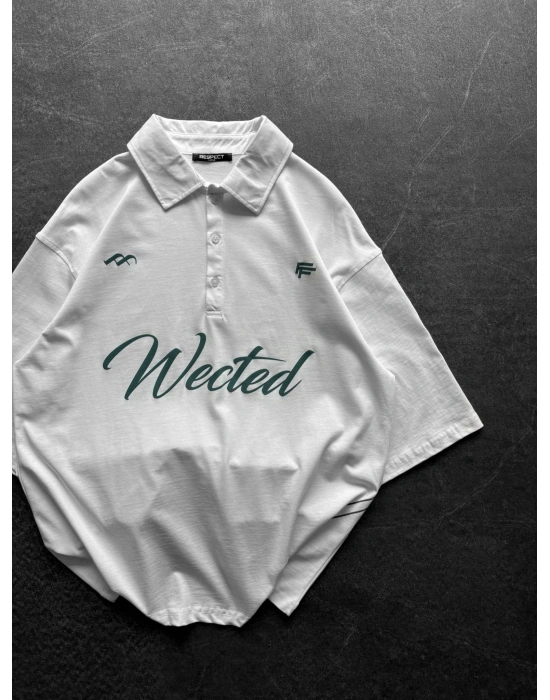 WECTED BASKI OVERSİZE POLO YAKA TİŞÖRT BEYAZ