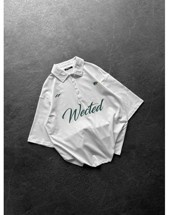WECTED BASKI OVERSİZE POLO YAKA TİŞÖRT BEYAZ