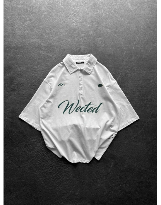 WECTED BASKI OVERSİZE POLO YAKA TİŞÖRT BEYAZ