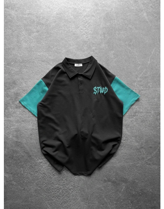 STW YEŞİL BASKI OVERSİZE POLO YAKA TİŞÖRT SİYAH