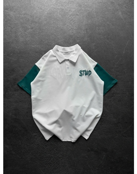 STW YEŞİL BASKI OVERSİZE POLO YAKA TİŞÖRT BEYAZ
