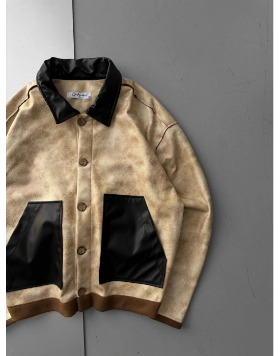 A KALİTE DERİ DETAYLI YIKAMALI CEKET KREM