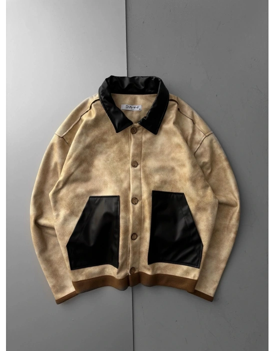 A KALİTE DERİ DETAYLI YIKAMALI CEKET KREM