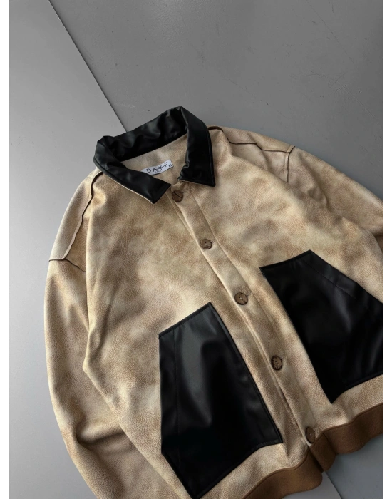 A KALİTE DERİ DETAYLI YIKAMALI CEKET KREM