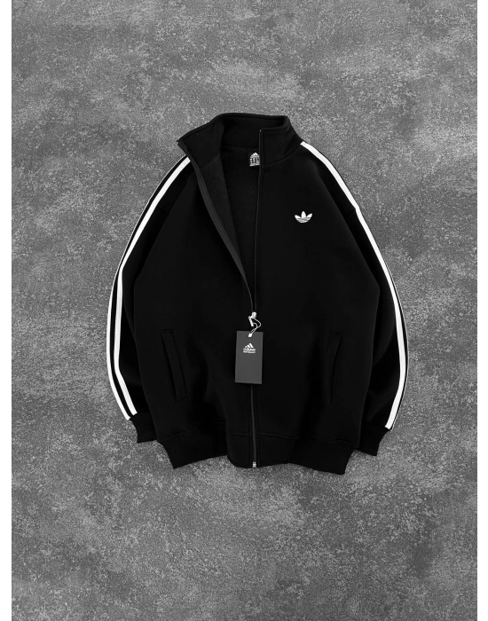 AD SERİT RENKLİ 3 İPLİK PAMUKLU HIRKA SİYAH