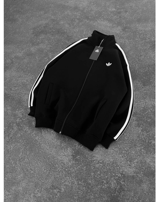 AD SERİT RENKLİ 3 İPLİK PAMUKLU HIRKA SİYAH