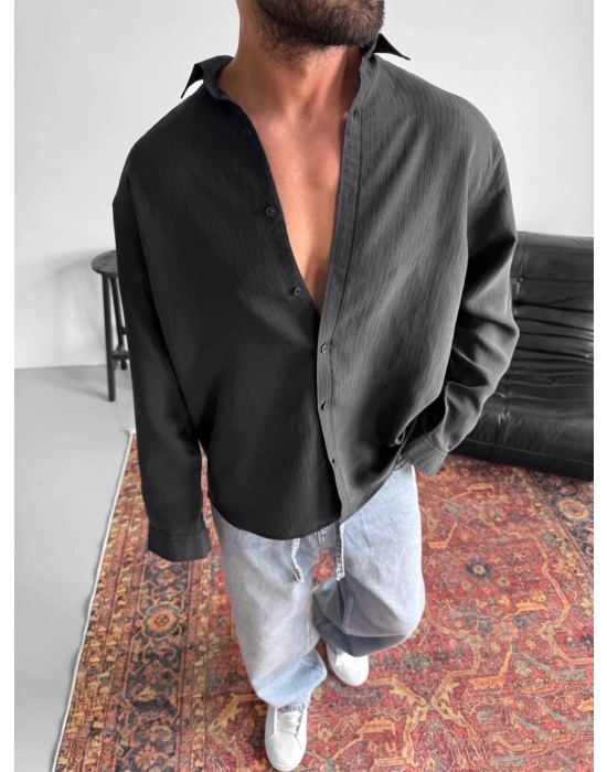 ARMÜR ÇİZGİLİ OVERSİZE GÖMLEK SİYAH