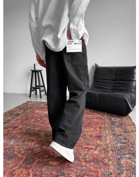 BAĞCIK DETAYLI BAGGY KALIP TAŞLANMIŞ KOT PANTOLON SİYAH