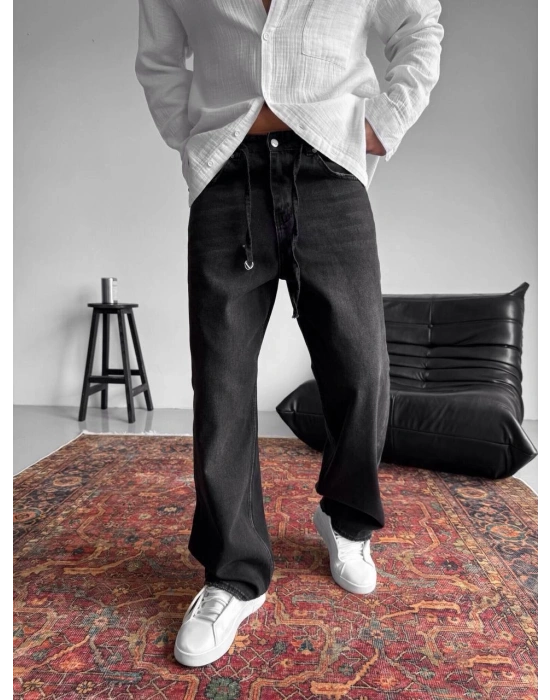 BAĞCIK DETAYLI BAGGY KALIP TAŞLANMIŞ KOT PANTOLON SİYAH