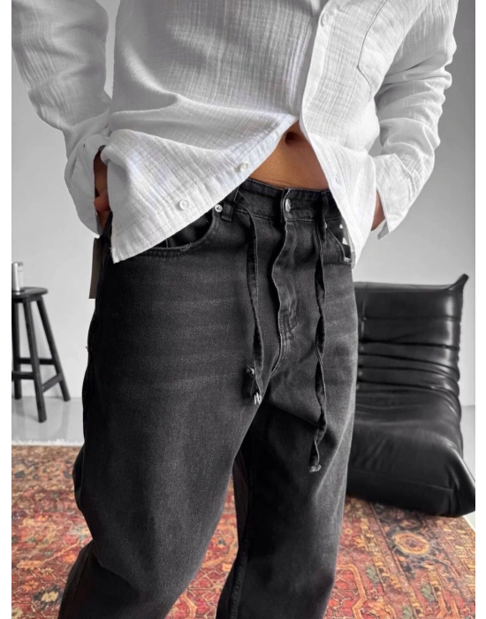 BAĞCIK DETAYLI BAGGY KALIP TAŞLANMIŞ KOT PANTOLON SİYAH