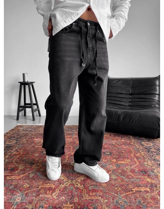 BAĞCIK DETAYLI BAGGY KALIP TAŞLANMIŞ KOT PANTOLON SİYAH