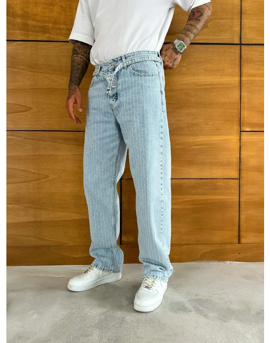 BAGGY KALIP KEMER DETAY TASARIM JEAN BUZ MAVİSİ