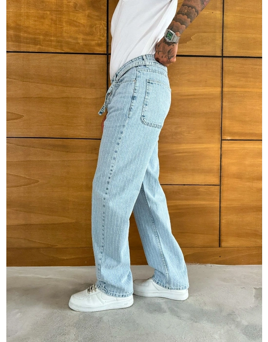 BAGGY KALIP KEMER DETAY TASARIM JEAN BUZ MAVİSİ