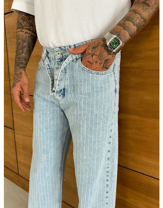 BAGGY KALIP KEMER DETAY TASARIM JEAN BUZ MAVİSİ