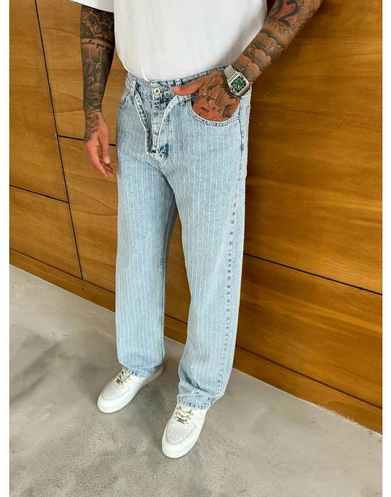 BAGGY KALIP KEMER DETAY TASARIM JEAN BUZ MAVİSİ