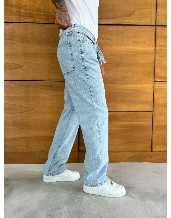 BAGGY KALIP KEMER DETAY TASARIM JEAN BUZ MAVİSİ