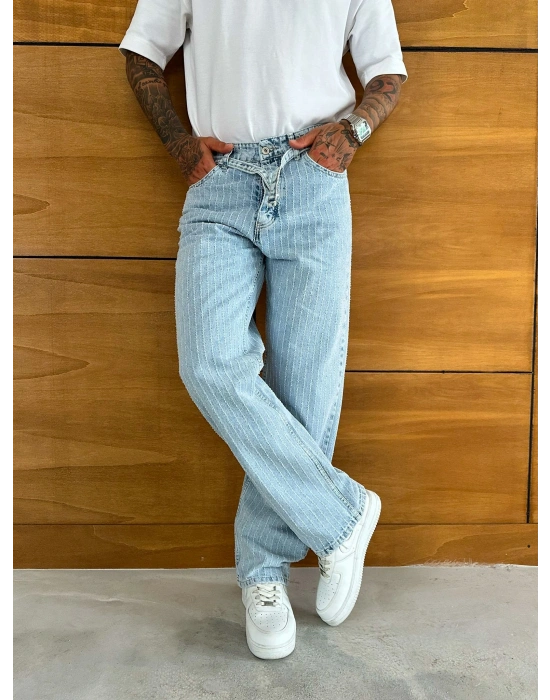 BAGGY KALIP KEMER DETAY TASARIM JEAN BUZ MAVİSİ