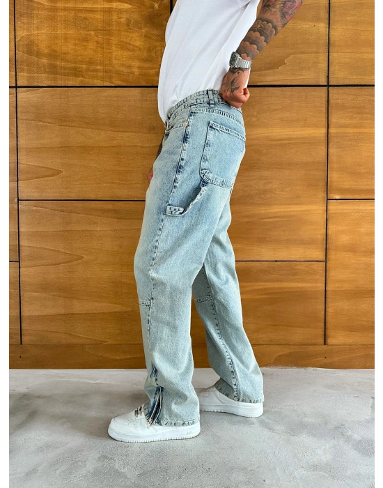 BAGGY KALIP PAÇA FERMUARLI JEAN YIKAMALI MAVİ