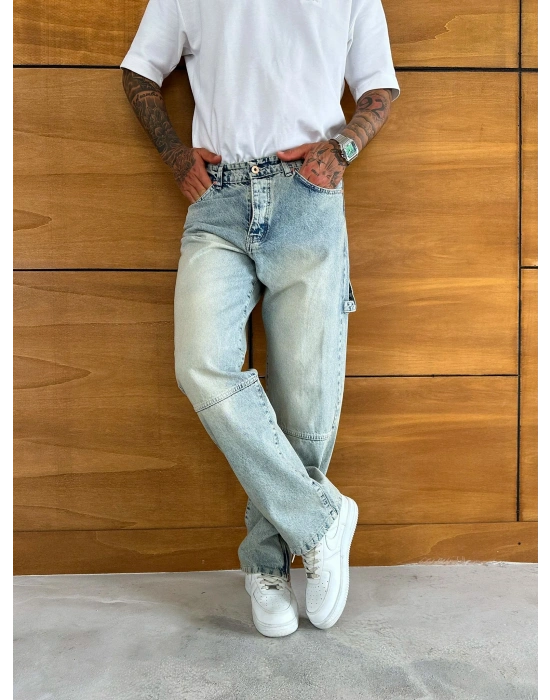 BAGGY KALIP PAÇA FERMUARLI JEAN YIKAMALI MAVİ