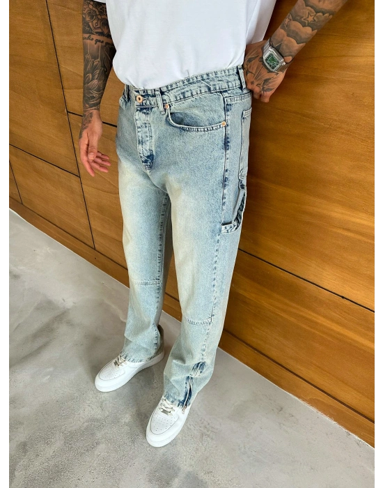 BAGGY KALIP PAÇA FERMUARLI JEAN YIKAMALI MAVİ