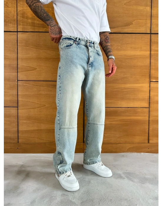 BAGGY KALIP PAÇA FERMUARLI JEAN YIKAMALI MAVİ