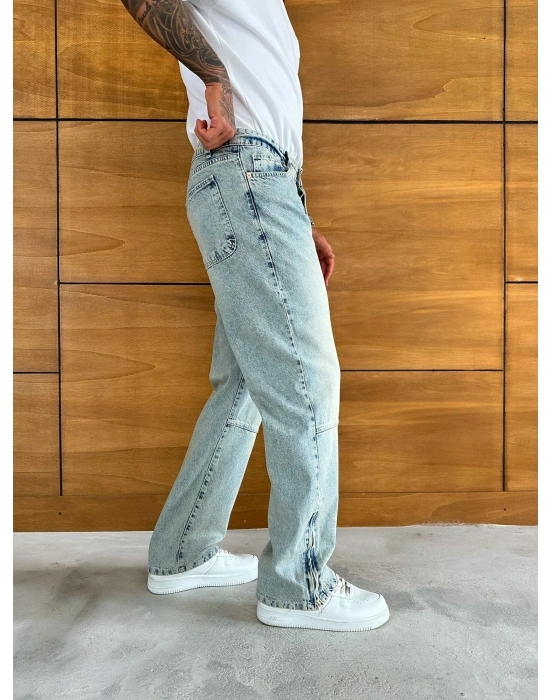 BAGGY KALIP PAÇA FERMUARLI JEAN YIKAMALI MAVİ