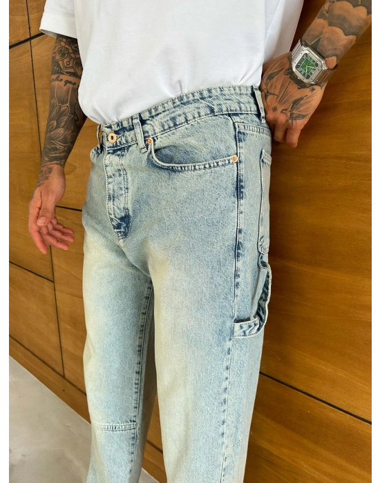 BAGGY KALIP PAÇA FERMUARLI JEAN YIKAMALI MAVİ