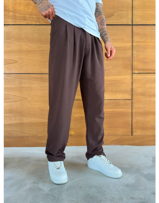 BAGGY KALIP WELL PİLELİ PANTOLON KAHVE