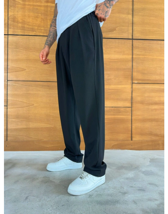 BAGGY KALIP WELL PİLELİ PANTOLON SİYAH