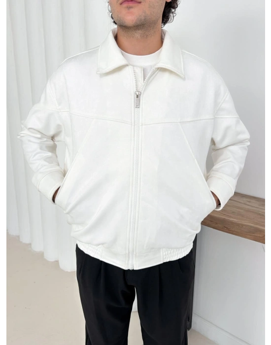 BEL LASTİK DİKİŞ DETAYLI SÜET CEKET BEYAZ