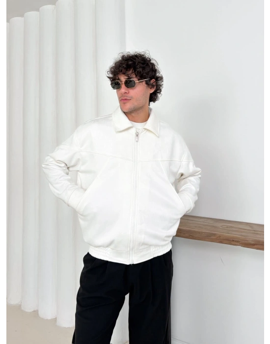 BEL LASTİK DİKİŞ DETAYLI SÜET CEKET BEYAZ