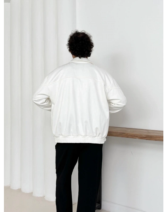 BEL LASTİK DİKİŞ DETAYLI SÜET CEKET BEYAZ