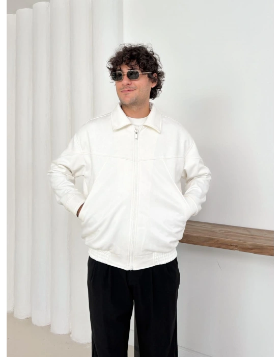 BEL LASTİK DİKİŞ DETAYLI SÜET CEKET BEYAZ