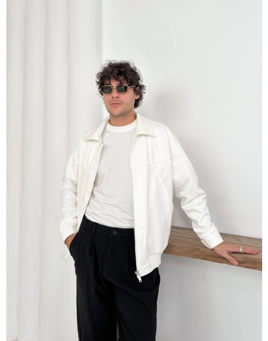 BEL LASTİK DİKİŞ DETAYLI SÜET CEKET BEYAZ