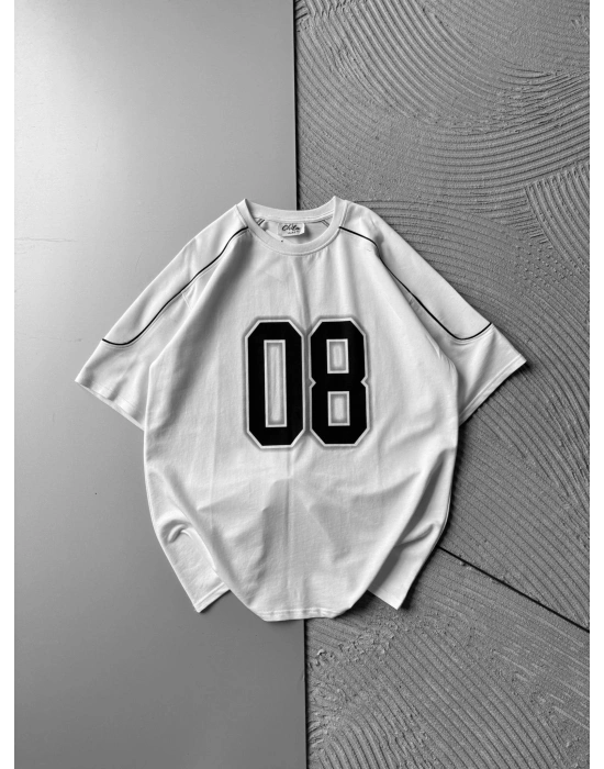 BISIKLET YAKA 08 BASKI OVERSIZE TSHIRT BEYAZ