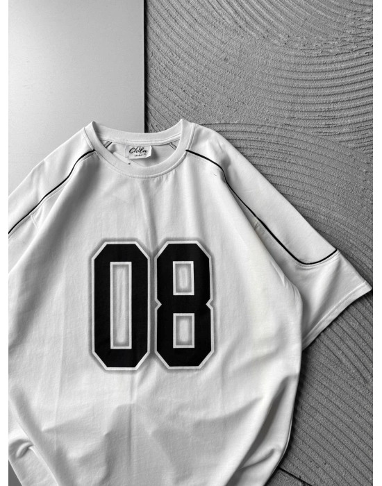BISIKLET YAKA 08 BASKI OVERSIZE TSHIRT BEYAZ