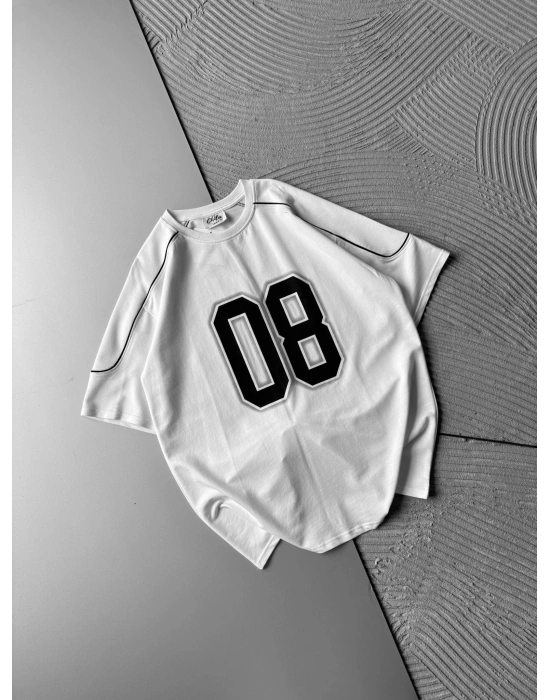 BISIKLET YAKA 08 BASKI OVERSIZE TSHIRT BEYAZ