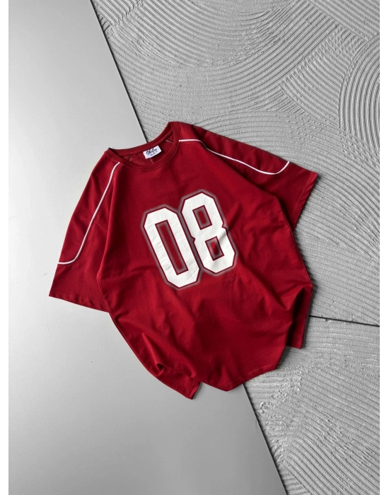 BISIKLET YAKA 08 BASKI OVERSIZE TSHIRT KIRMIZI
