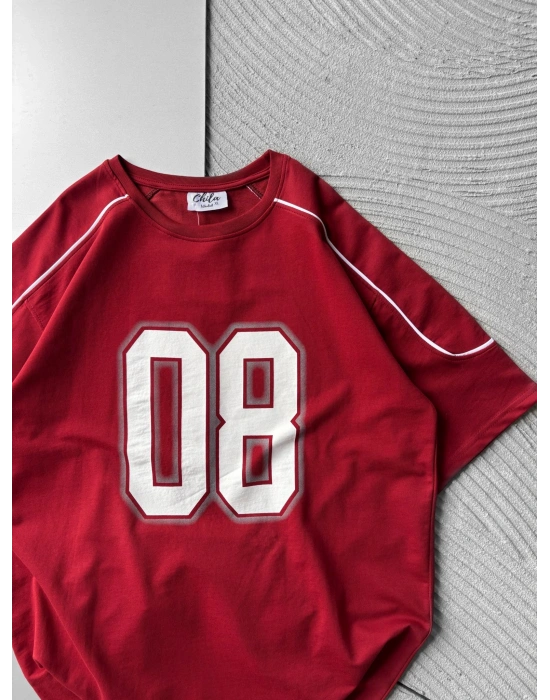 BISIKLET YAKA 08 BASKI OVERSIZE TSHIRT KIRMIZI