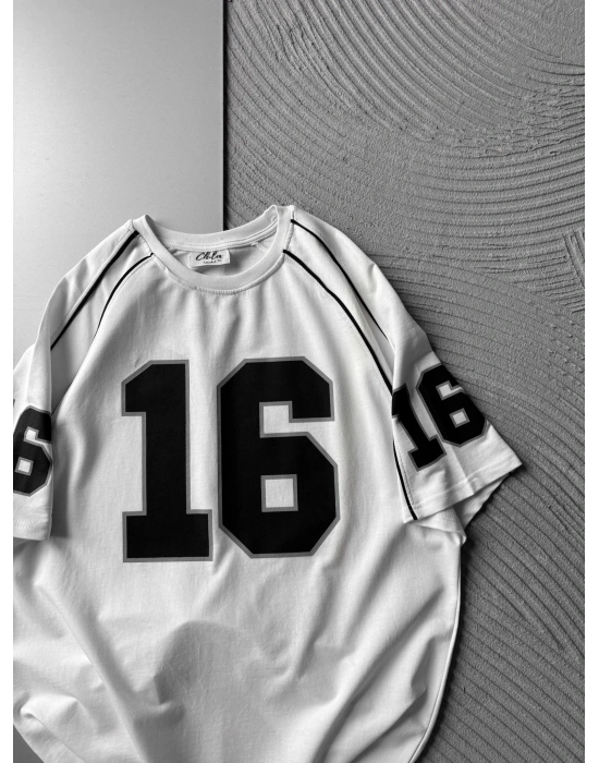 BISIKLET YAKA 16 BASKI OVERSIZE TSHIRT BEYAZ